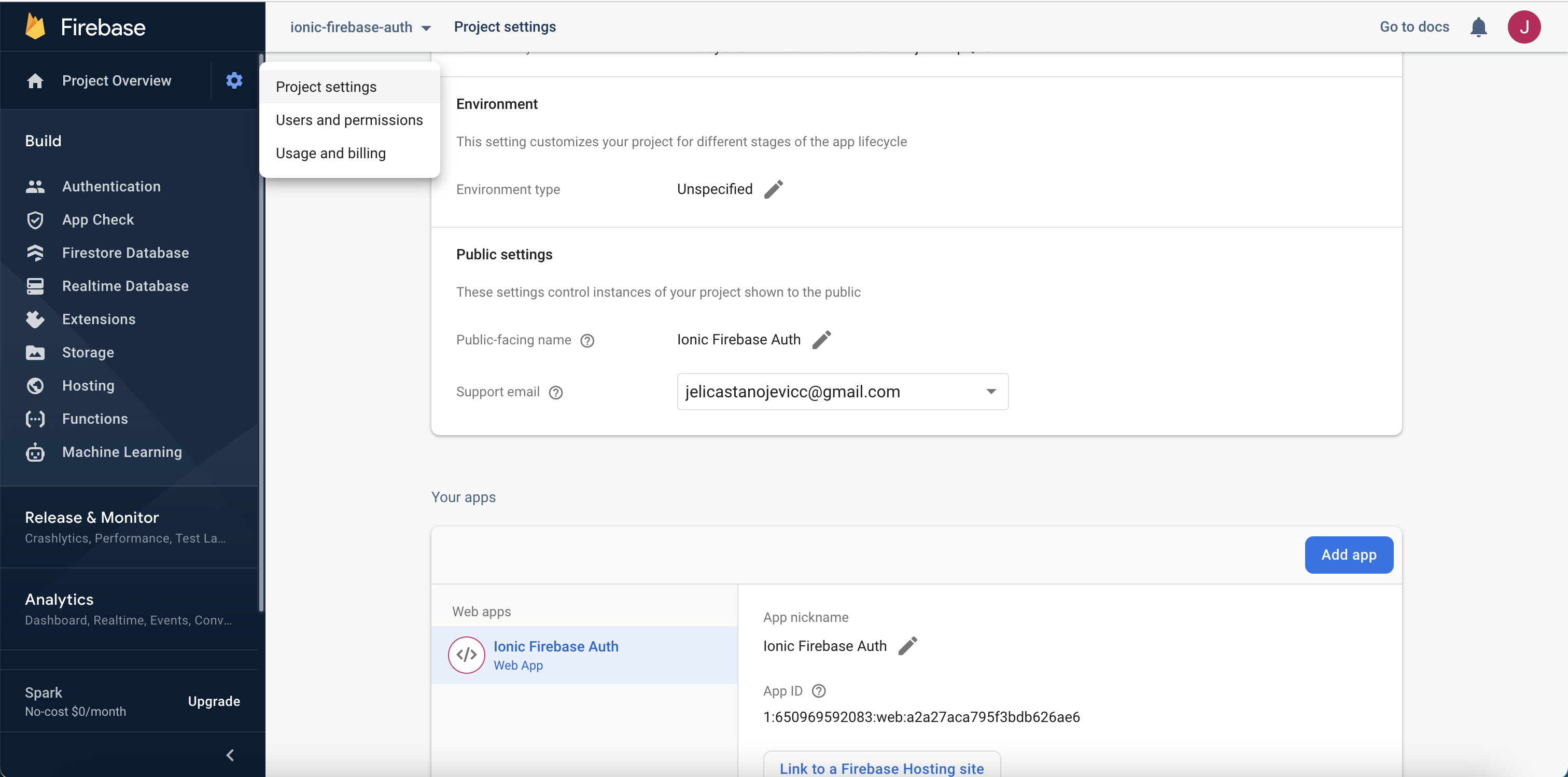 Firebase project settings